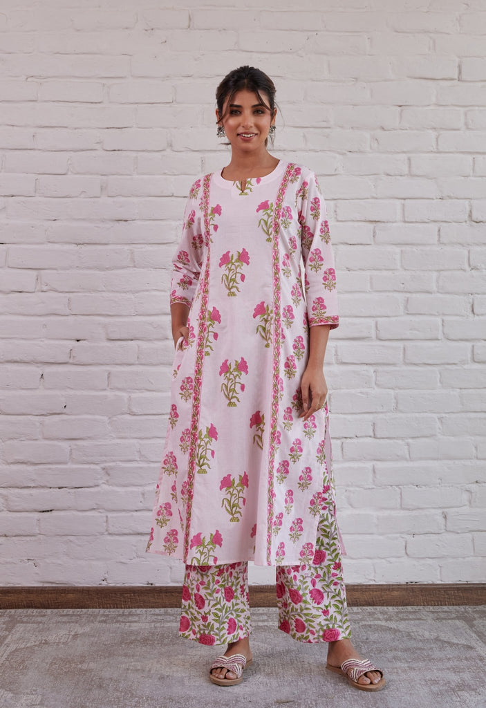 PINK HAND BLOCK PRINTED KURTA WITH PALAZZO - Tara-C-Tara