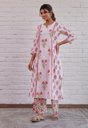 PINK HAND BLOCK PRINTED KURTA WITH PALAZZO - Tara-C-Tara