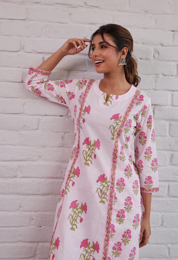 PINK HAND BLOCK PRINTED KURTA WITH PALAZZO - Tara-C-Tara