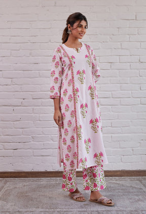 PINK HAND BLOCK PRINTED KURTA WITH PALAZZO - Tara-C-Tara