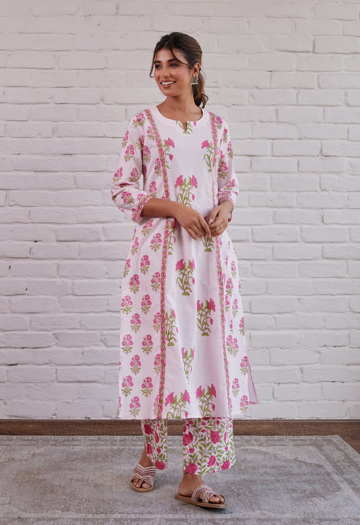 PINK HAND BLOCK PRINTED KURTA WITH PALAZZO - Tara-C-Tara