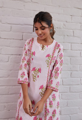 PINK HAND BLOCK PRINTED KURTA WITH PALAZZO - Tara-C-Tara