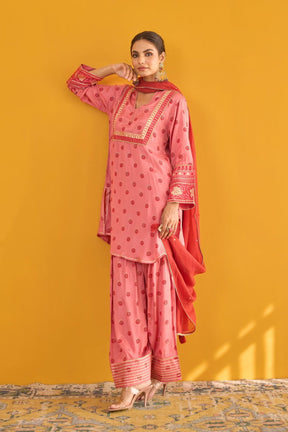 Pink Polka Dot Farshi Salwar Suit Set With Dupatta - Tara - C - Tara