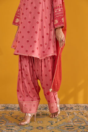 Pink Polka Dot Farshi Salwar Suit Set With Dupatta - Tara - C - Tara