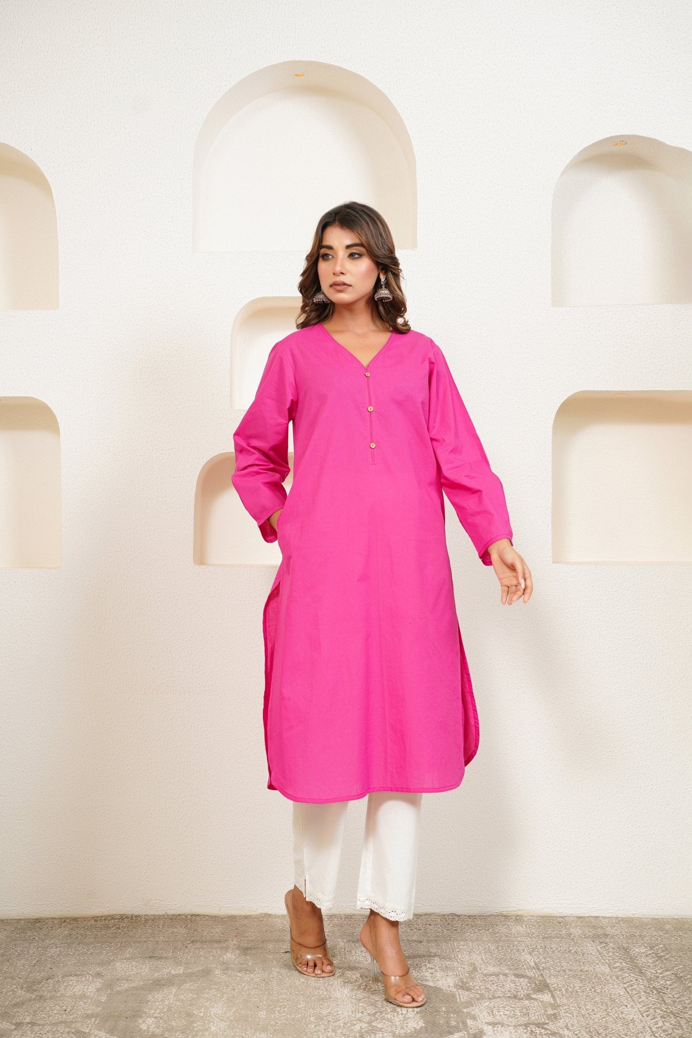 Pink Premium Cotton Long Kurta - Tara - C - Tara