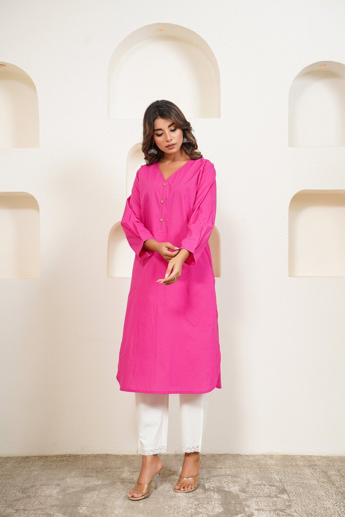 Pink Premium Cotton Long Kurta - Tara - C - Tara