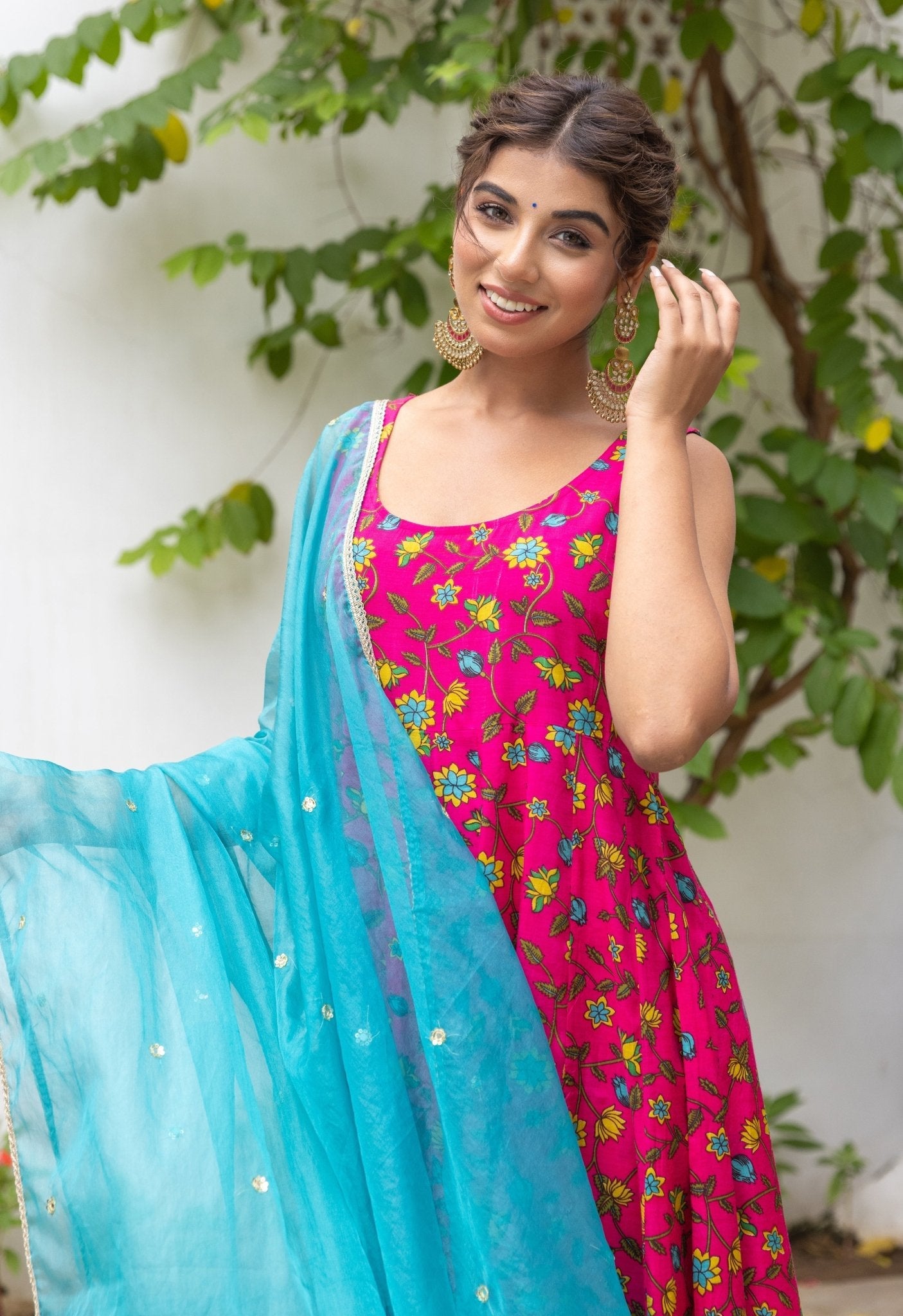 Pink Turquoise Floral Printed kurta palazzo set with embroidered organza Dupatta - Tara-C-Tara