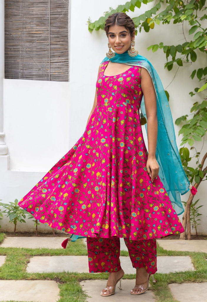 Pink Turquoise Floral Printed kurta palazzo set with embroidered organza Dupatta - Tara-C-Tara