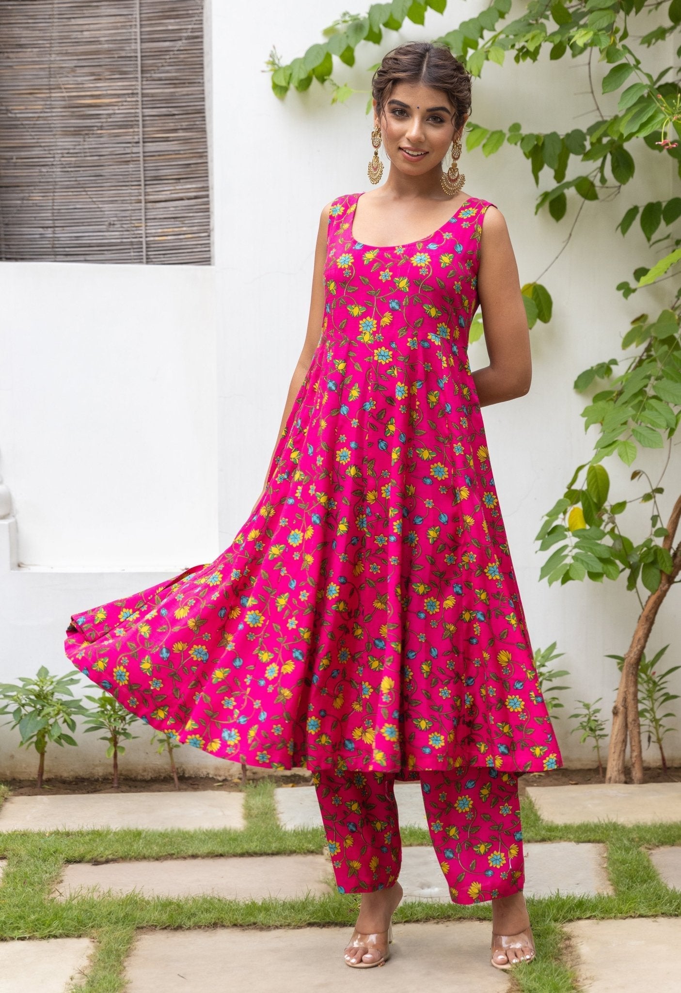 Pink Turquoise Floral Printed kurta palazzo set with embroidered organza Dupatta - Tara-C-Tara