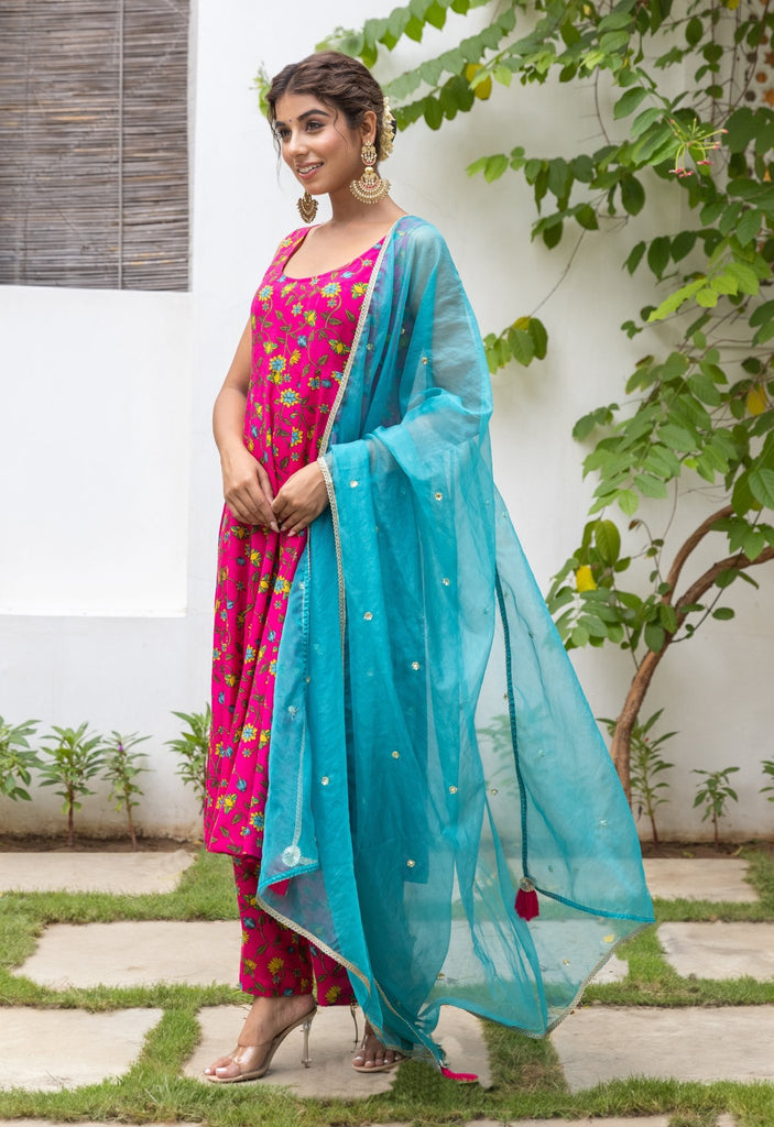 Pink Turquoise Floral Printed kurta palazzo set with embroidered organza Dupatta - Tara-C-Tara