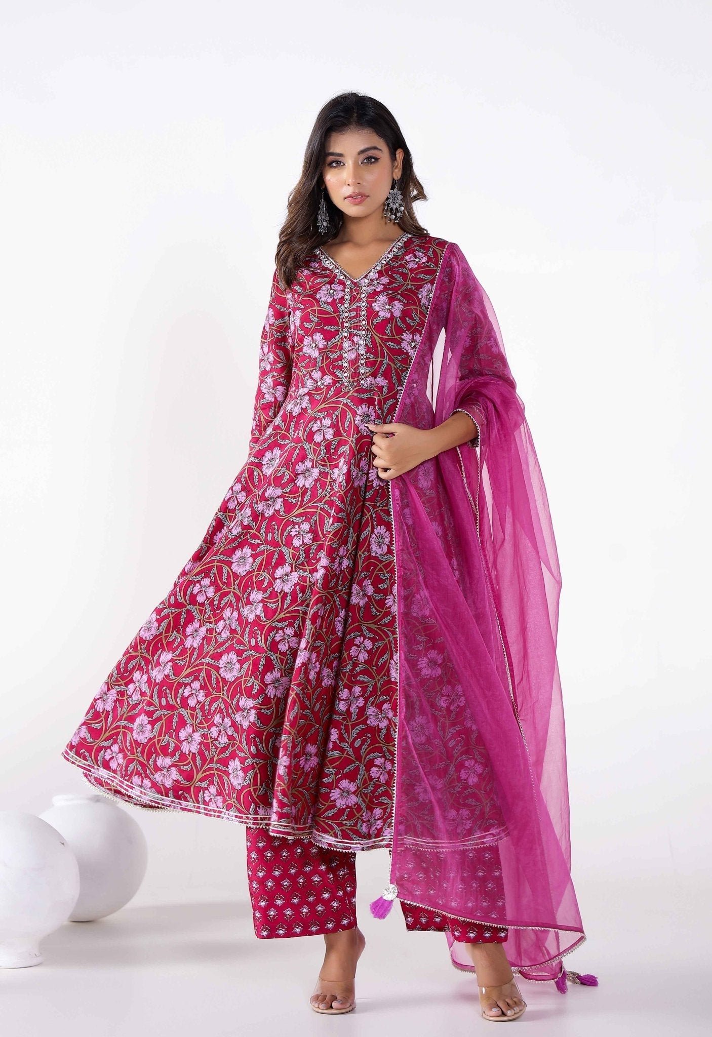 Purple and Pink Floral Kurta Paired with Pants and Dupatta (3pc Set) - Tara-C-Tara