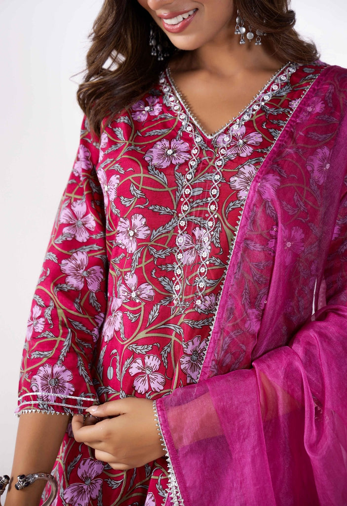 Purple and Pink Floral Kurta Paired with Pants and Dupatta (3pc Set) - Tara-C-Tara