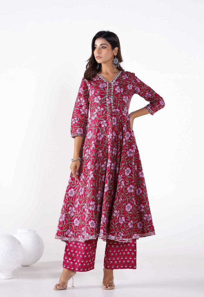 Purple and Pink Floral Kurta Paired with Pants and Dupatta (3pc Set) - Tara-C-Tara