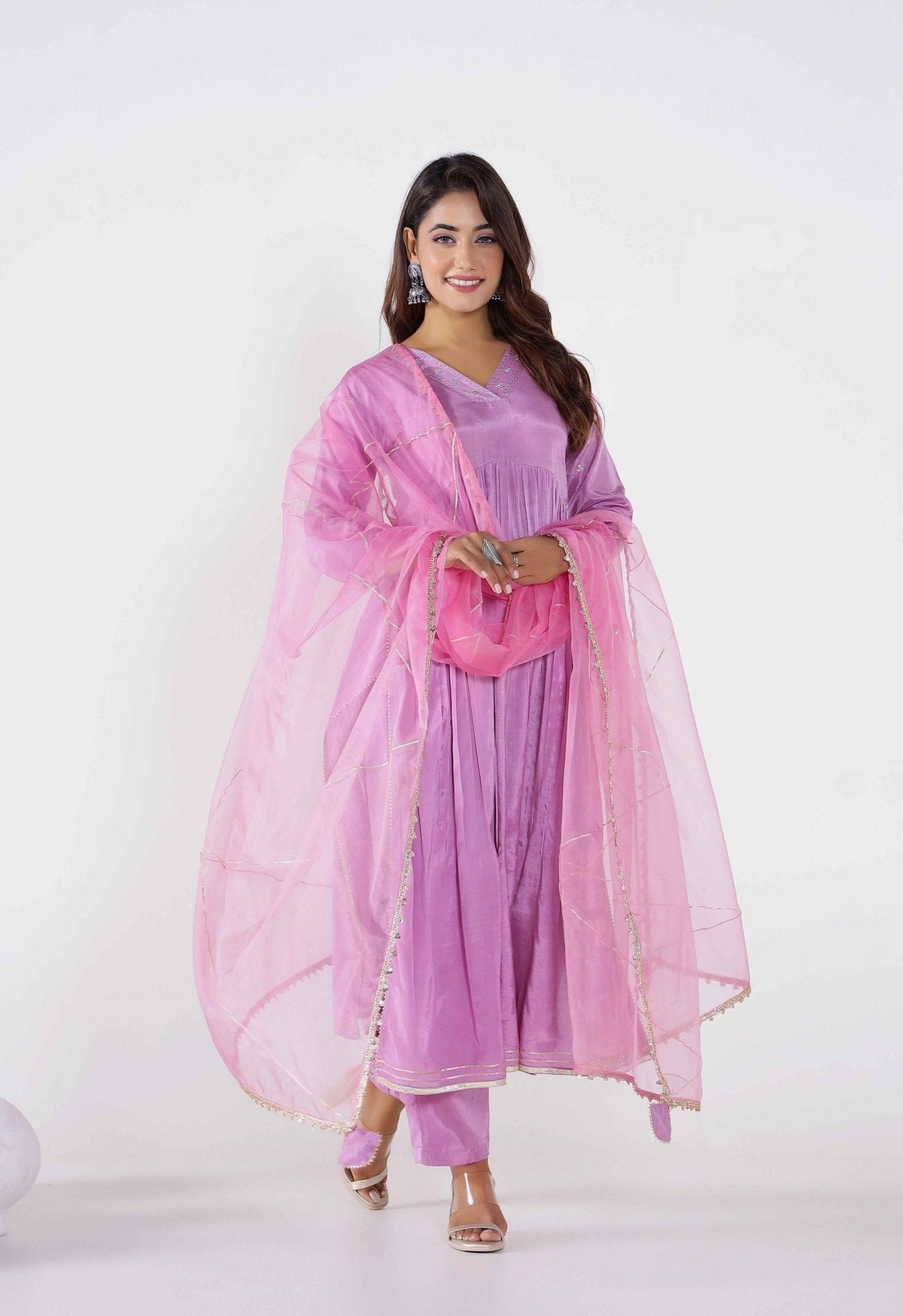 Purple Embroidered kurta Palazzo Set With Organza - Tara-C-Tara