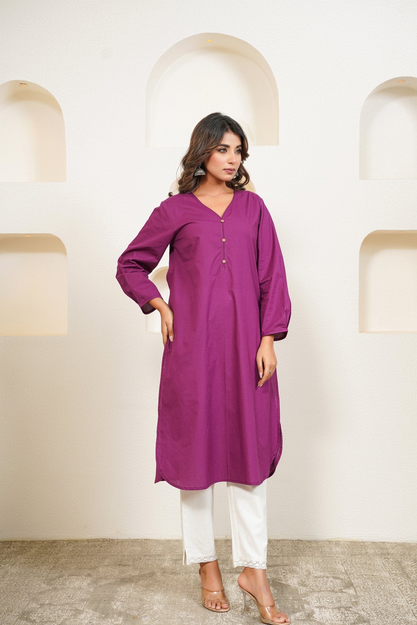 Purple Premium Cotton Long Kurta - Tara - C - Tara