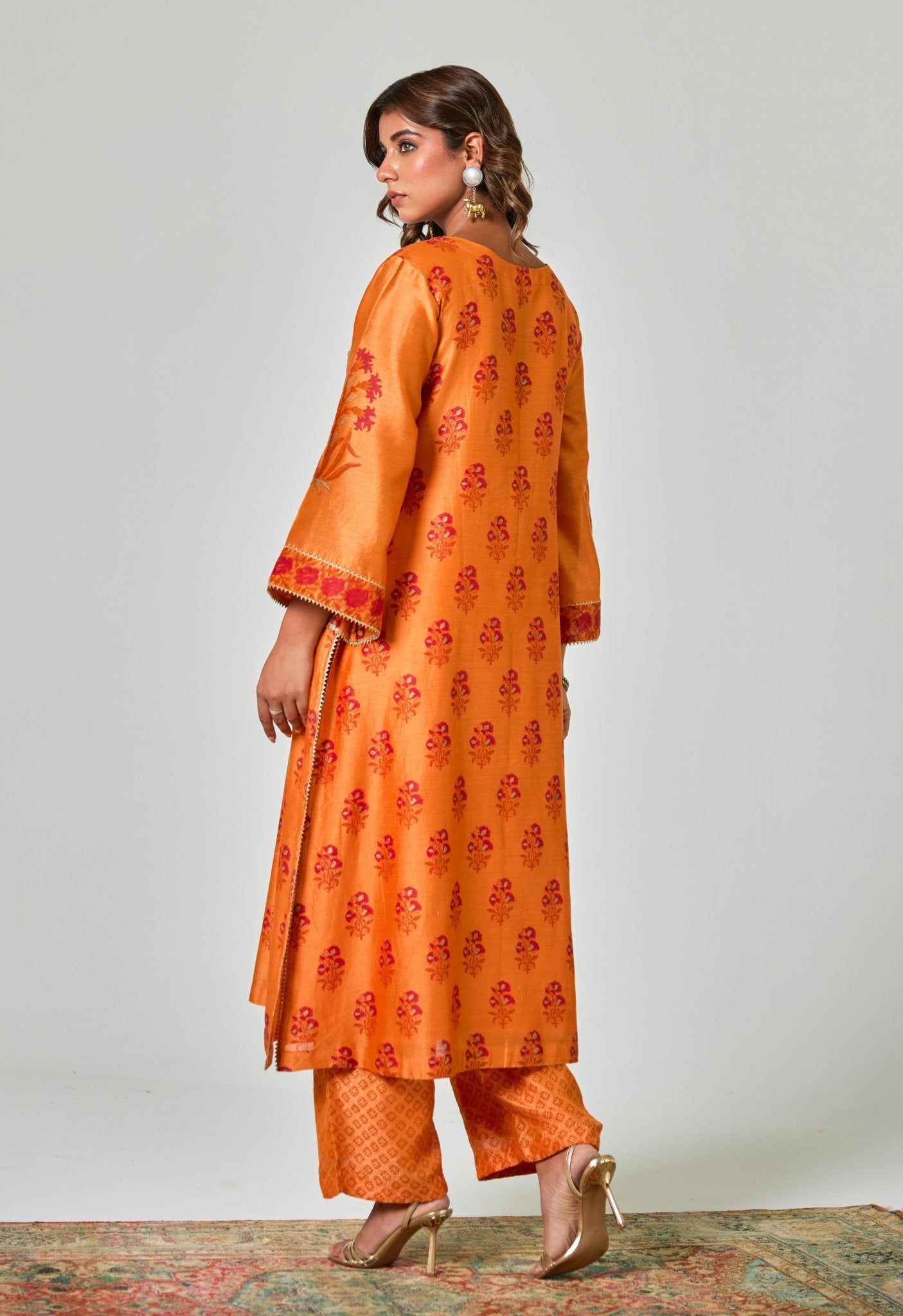 Radiant Fusion: Traditional Elegance in Orange - Red Floral Chanderi Handblock Printed suit set - Tara - C - Tara