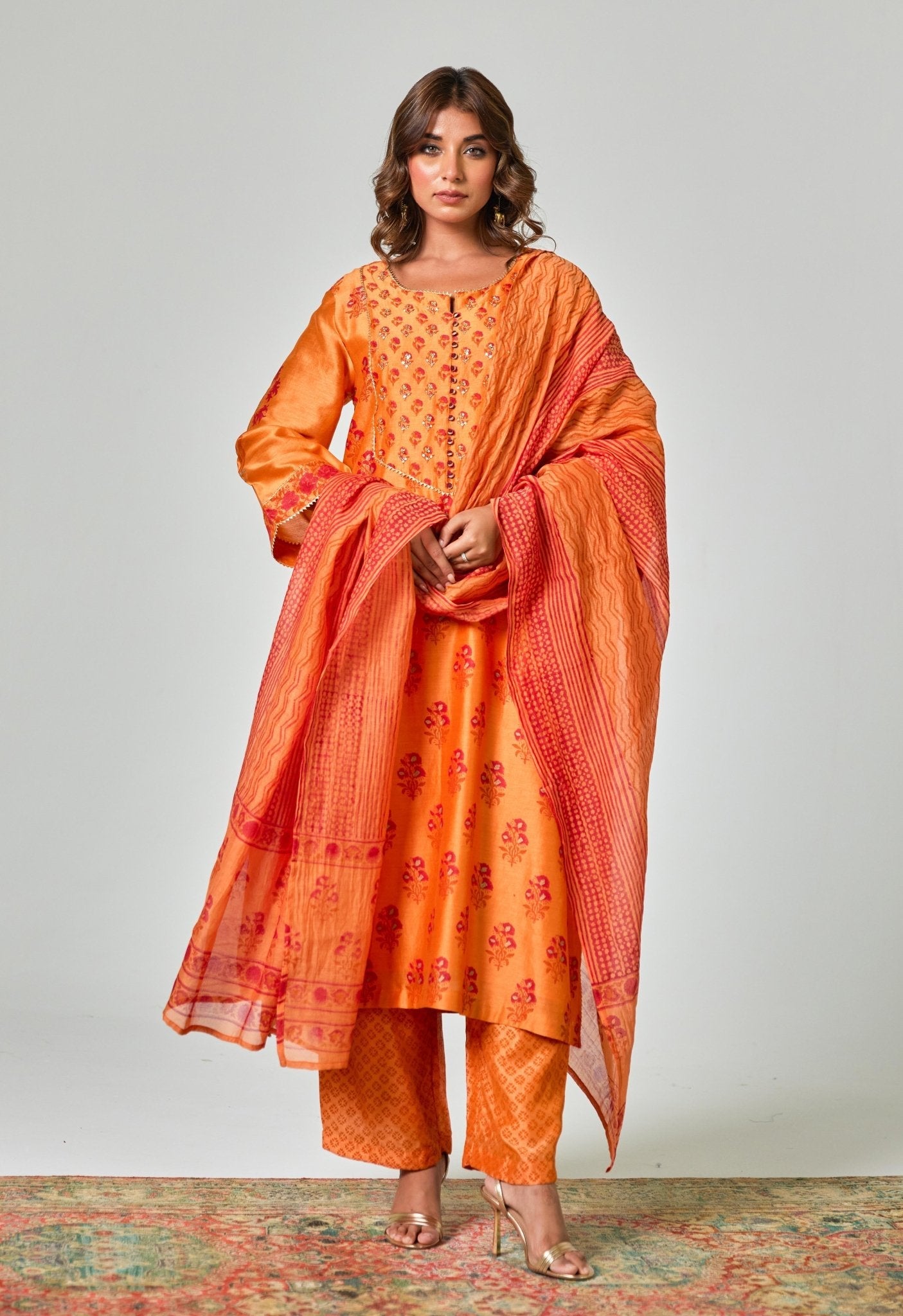 Radiant Fusion: Traditional Elegance in Orange - Red Floral Chanderi Handblock Printed suit set - Tara - C - Tara