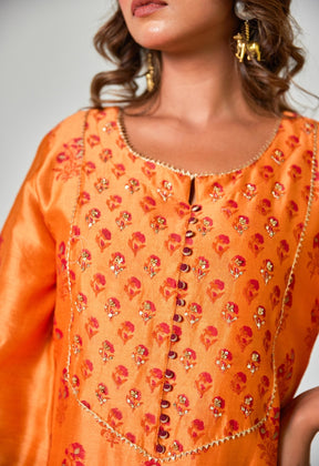 Radiant Fusion: Traditional Elegance in Orange - Red Floral Chanderi Handblock Printed suit set - Tara - C - Tara