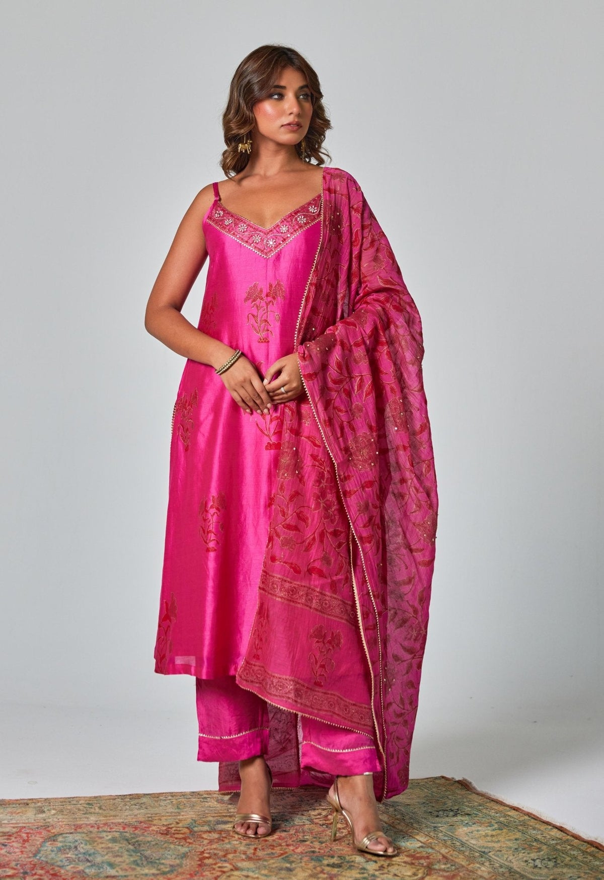 Rani Pink Handblock Printed Chanderi Suit Set - Tara - C - Tara