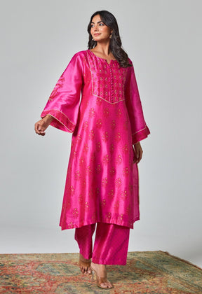 Rani Pink Radiance: Handblock Floral Elegance Chanderi Suit Set - Tara - C - Tara