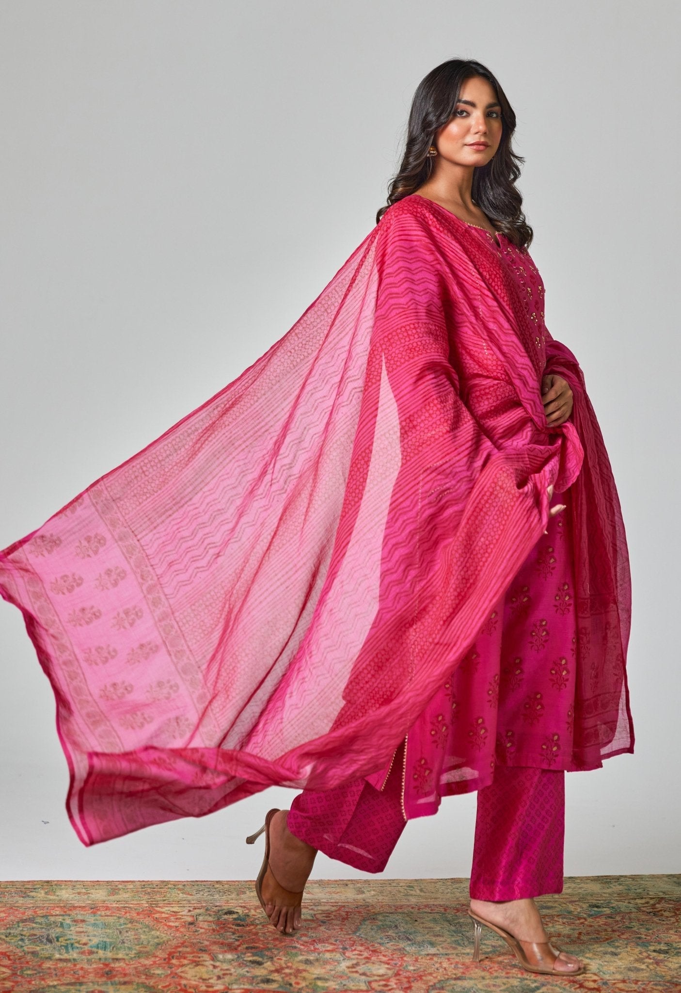 Rani Pink Radiance: Handblock Floral Elegance Chanderi Suit Set - Tara - C - Tara