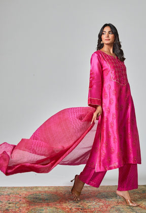 Rani Pink Radiance: Handblock Floral Elegance Chanderi Suit Set - Tara - C - Tara