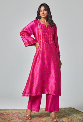 Rani Pink Radiance: Handblock Floral Elegance Chanderi Suit Set - Tara - C - Tara