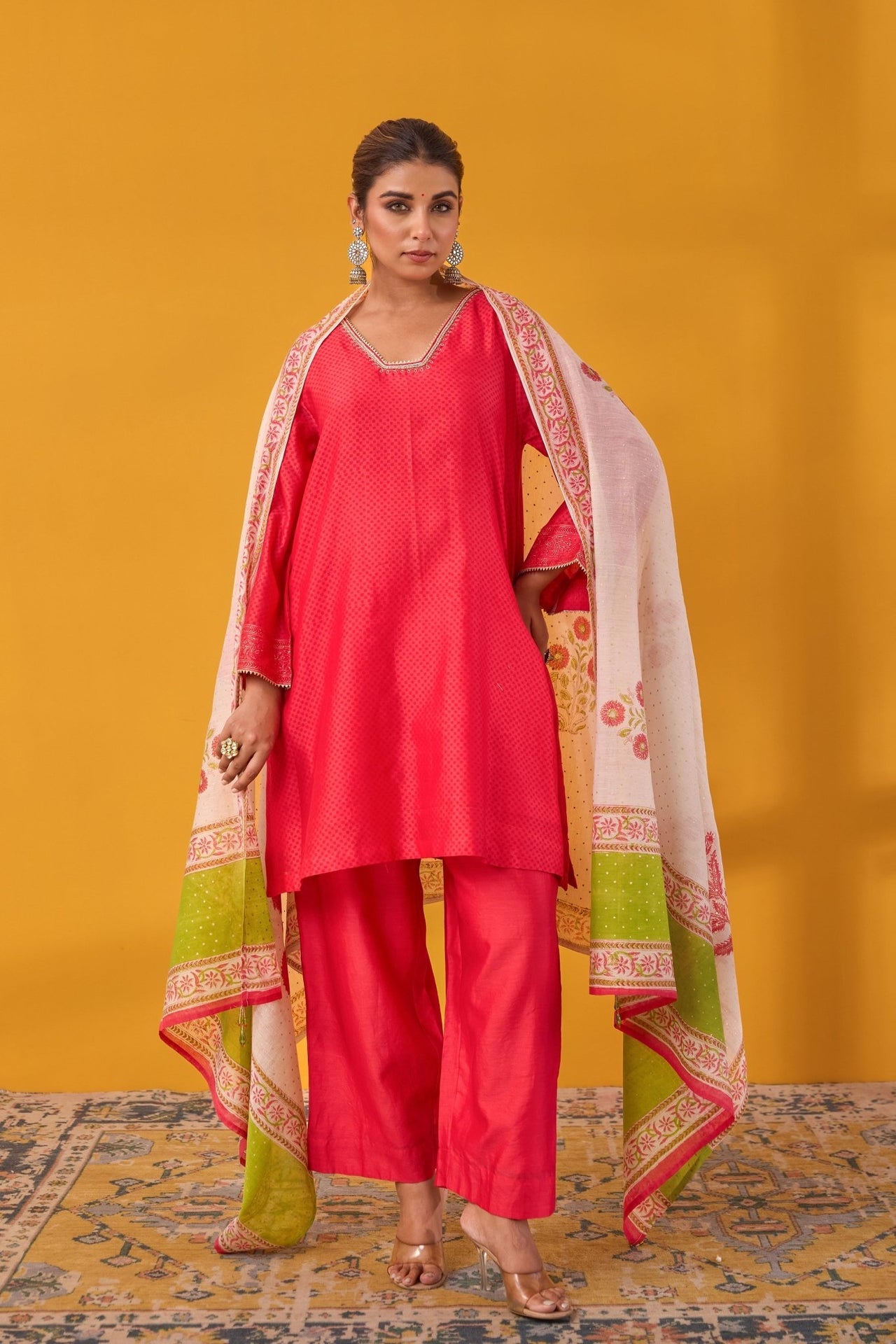 Red Chanderi Hand Block Printed Kurta Set With Dupatta - Tara - C - Tara