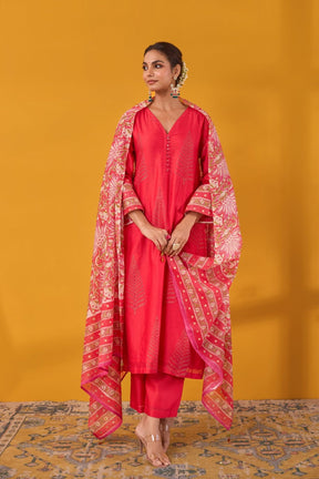 Red Hand Block Printed Chanderi Kurta Set With Dupatta - Tara - C - Tara