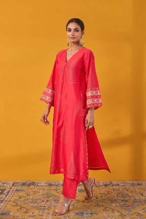 Red Hand Block Printed Chanderi Kurta Set With Dupatta - Tara - C - Tara