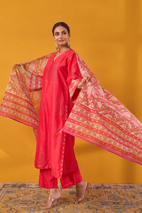 Red Hand Block Printed Chanderi Kurta Set With Dupatta - Tara - C - Tara