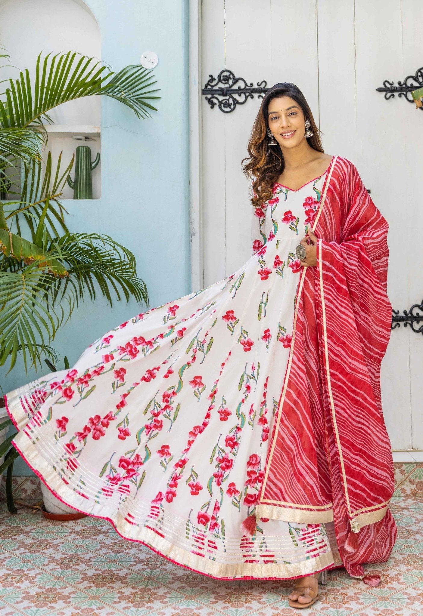 Red Rose Floral Printed Long Dress with Doriya Dupatta ( 2pc Set) - Tara-C-Tara