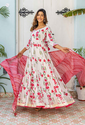 Red Rose Floral Printed Long Dress with Doriya Dupatta ( 2pc Set) - Tara-C-Tara