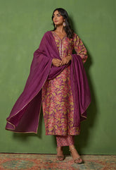 Regal Radiance: Purple Suit Set with Hand - Cut Dana Work and Lace - Up Dupatta - Tara - C - Tara