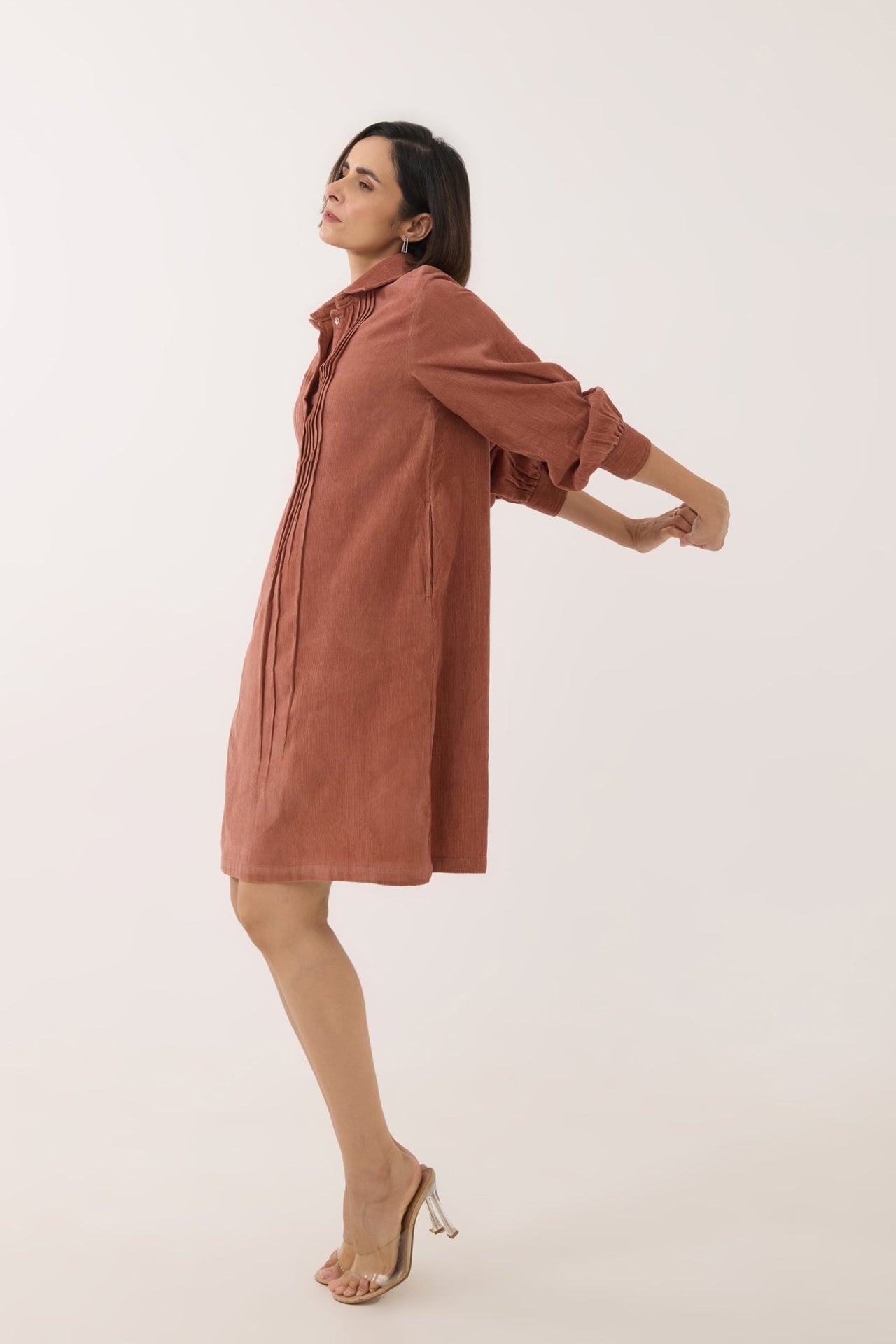 Rustic Brown Corduroy Shirt Dress - Tara - C - Tara
