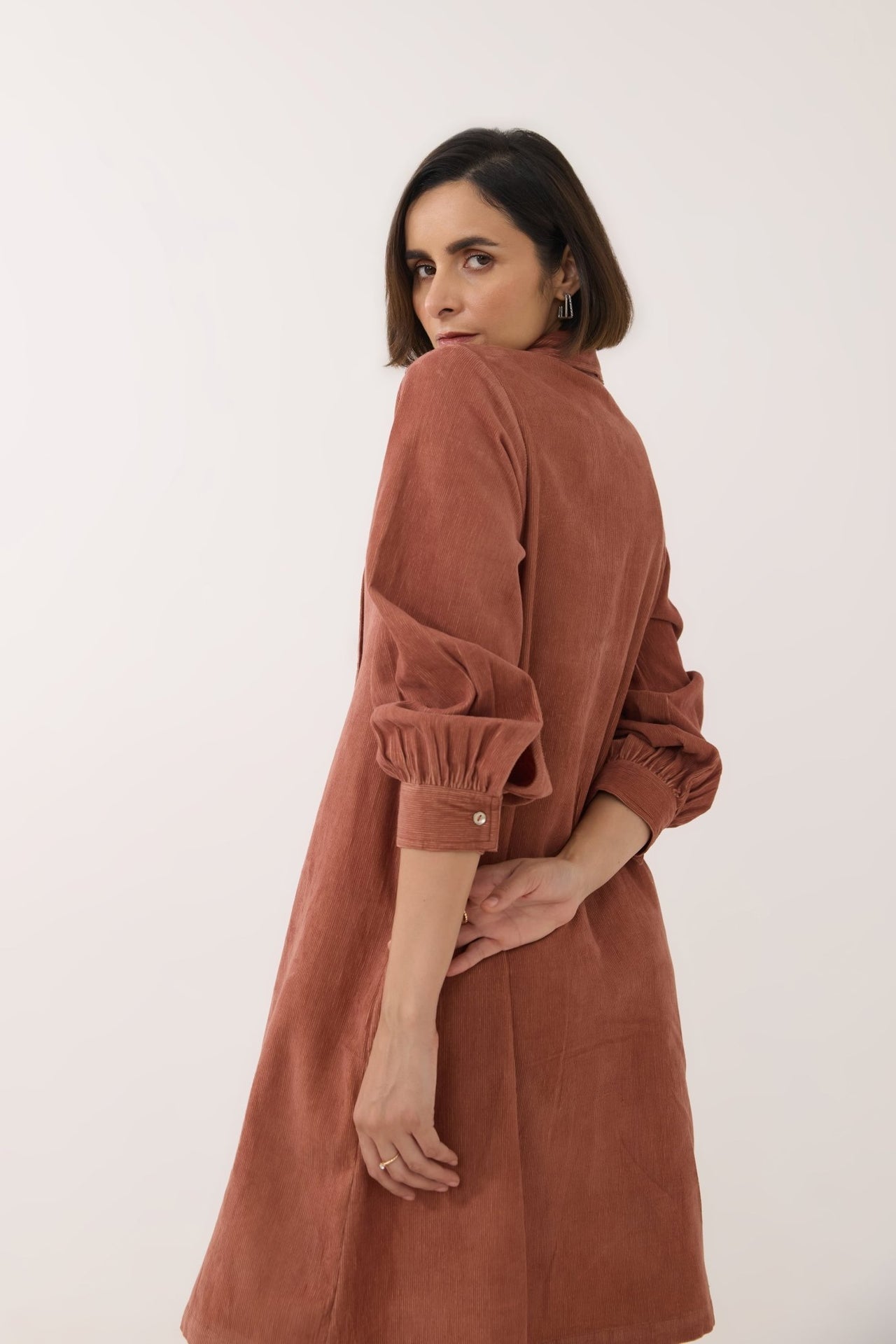 Rustic Brown Corduroy Shirt Dress - Tara - C - Tara