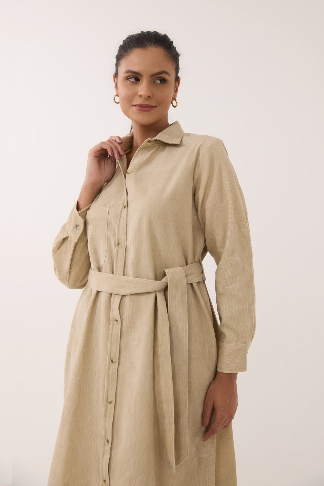 Sand Beige Corduroy Belted Shirt Dress - Tara - C - Tara