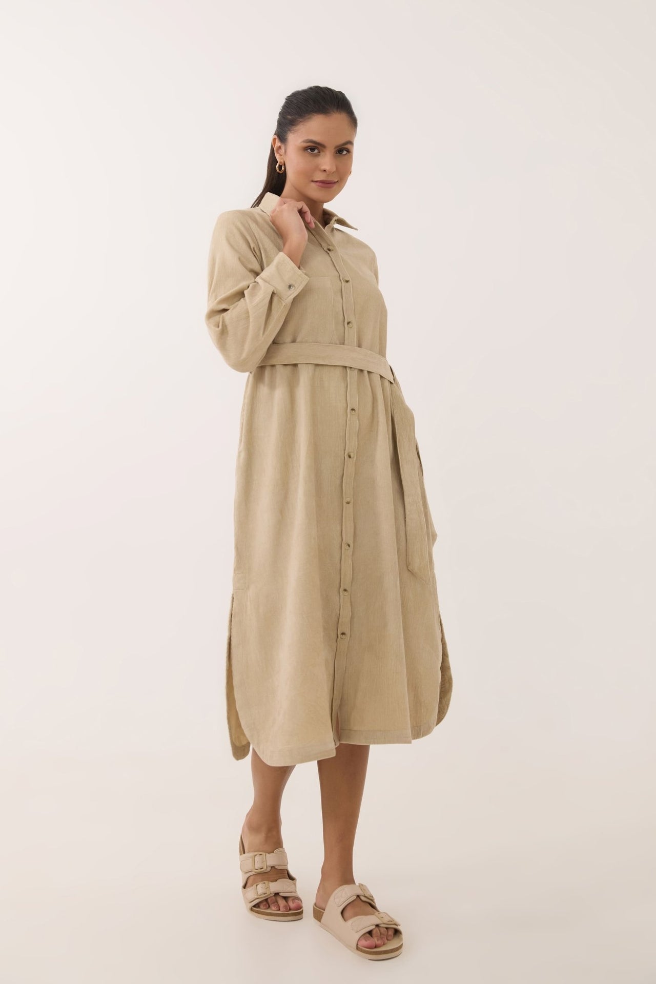 Sand Beige Corduroy Belted Shirt Dress - Tara - C - Tara