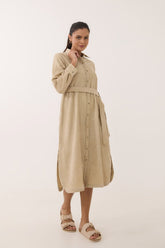 Sand Beige Corduroy Belted Shirt Dress - Tara - C - Tara