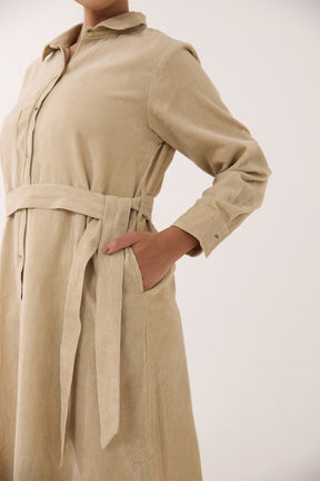 Sand Beige Corduroy Belted Shirt Dress - Tara - C - Tara