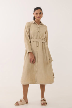 Sand Beige Corduroy Belted Shirt Dress - Tara - C - Tara