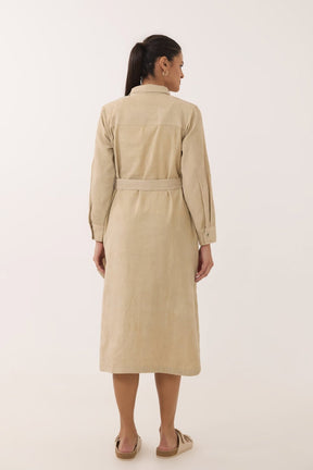 Sand Beige Corduroy Belted Shirt Dress - Tara - C - Tara