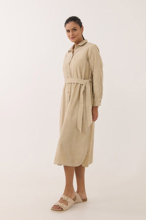 Sand Beige Corduroy Belted Shirt Dress - Tara - C - Tara