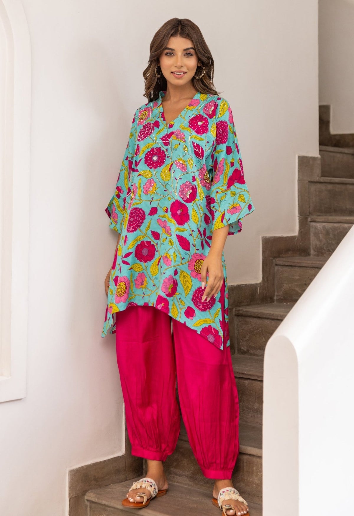 Sea Green Hand Embroidered Peppy Floral Co-ord set - Tara-C-Tara