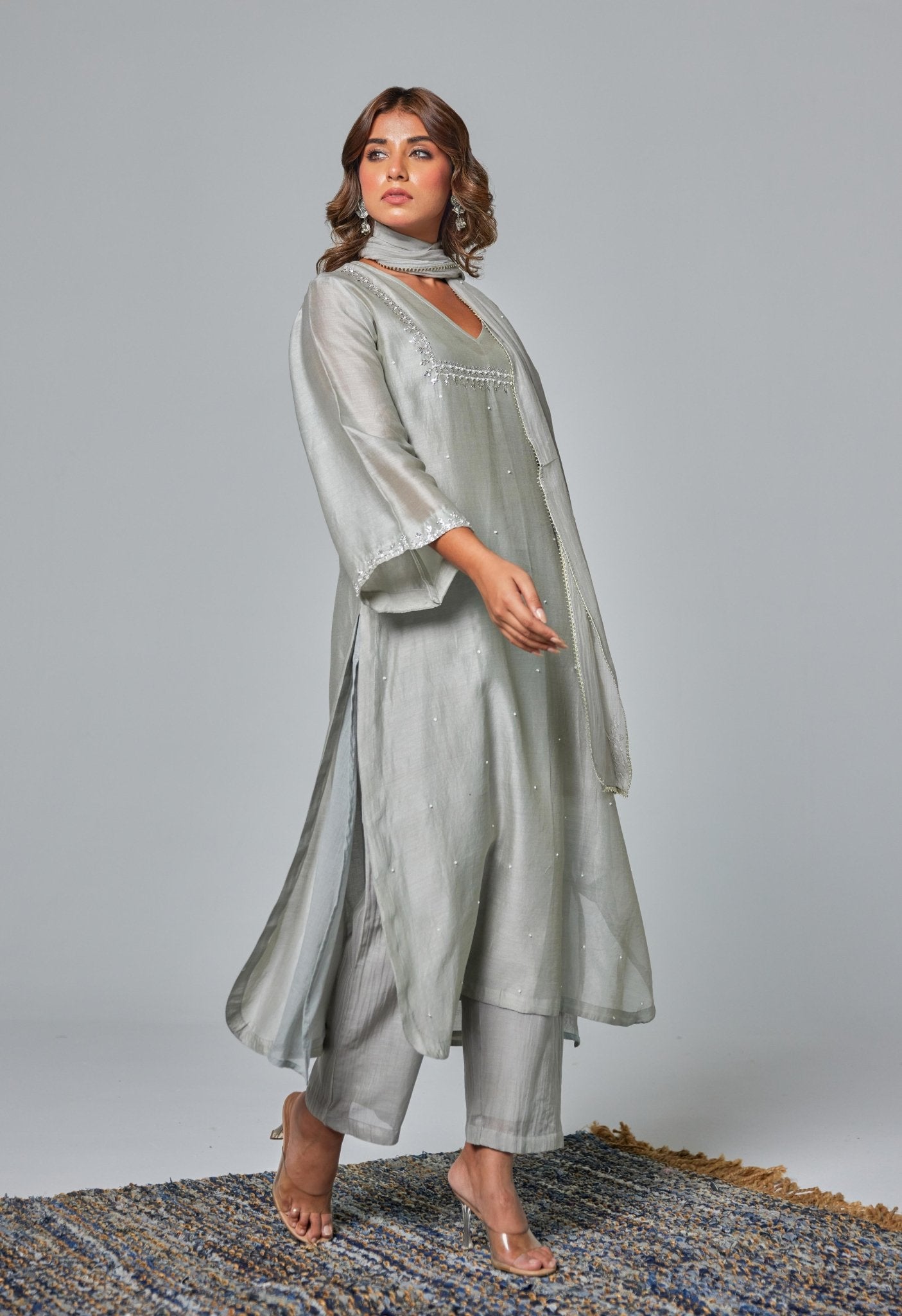 Silver Elegance: Grey Chanderi Coord Set with Hand Embroidered Kurta and Stole - Tara - C - Tara