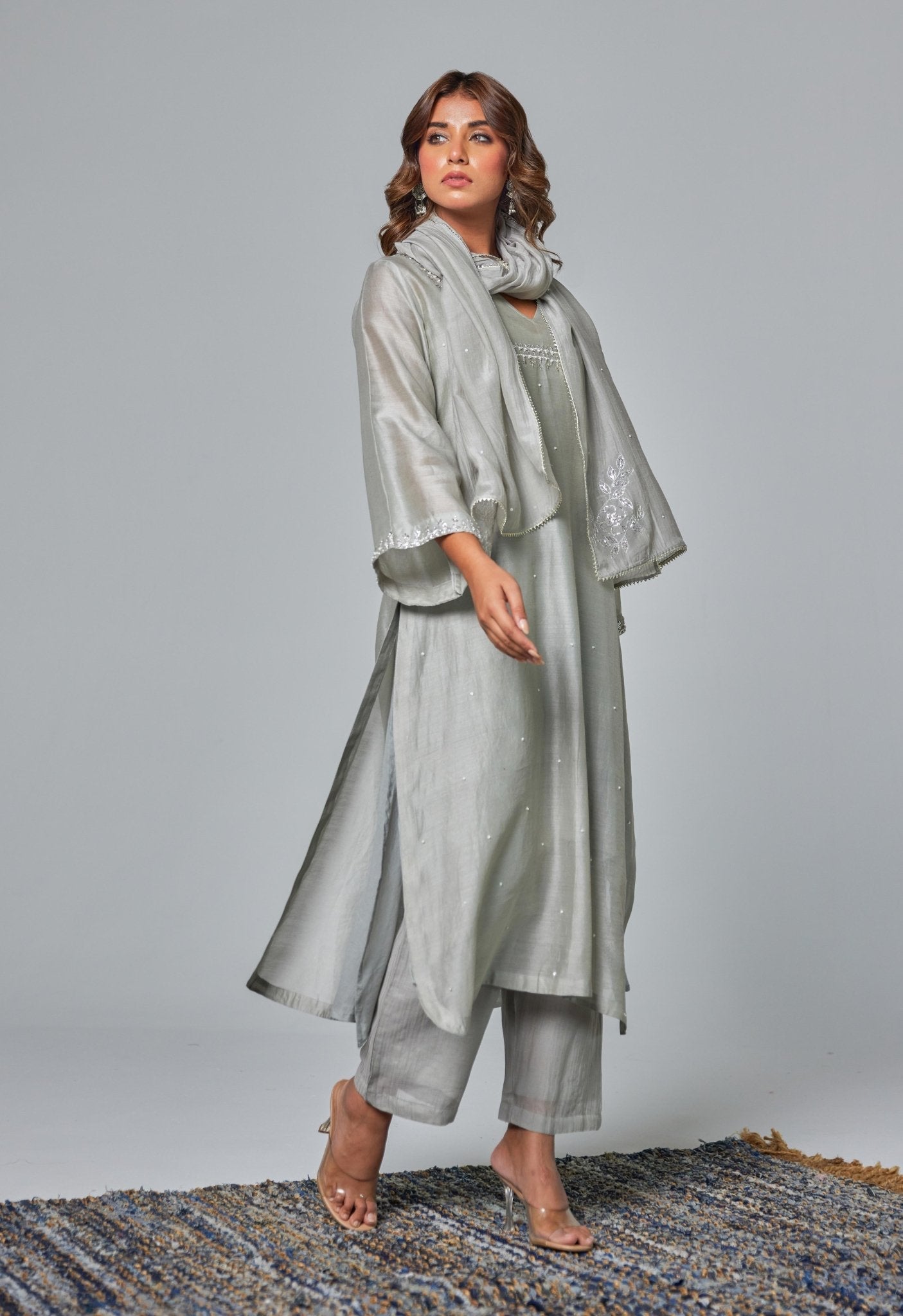 Silver Elegance: Grey Chanderi Coord Set with Hand Embroidered Kurta and Stole - Tara - C - Tara