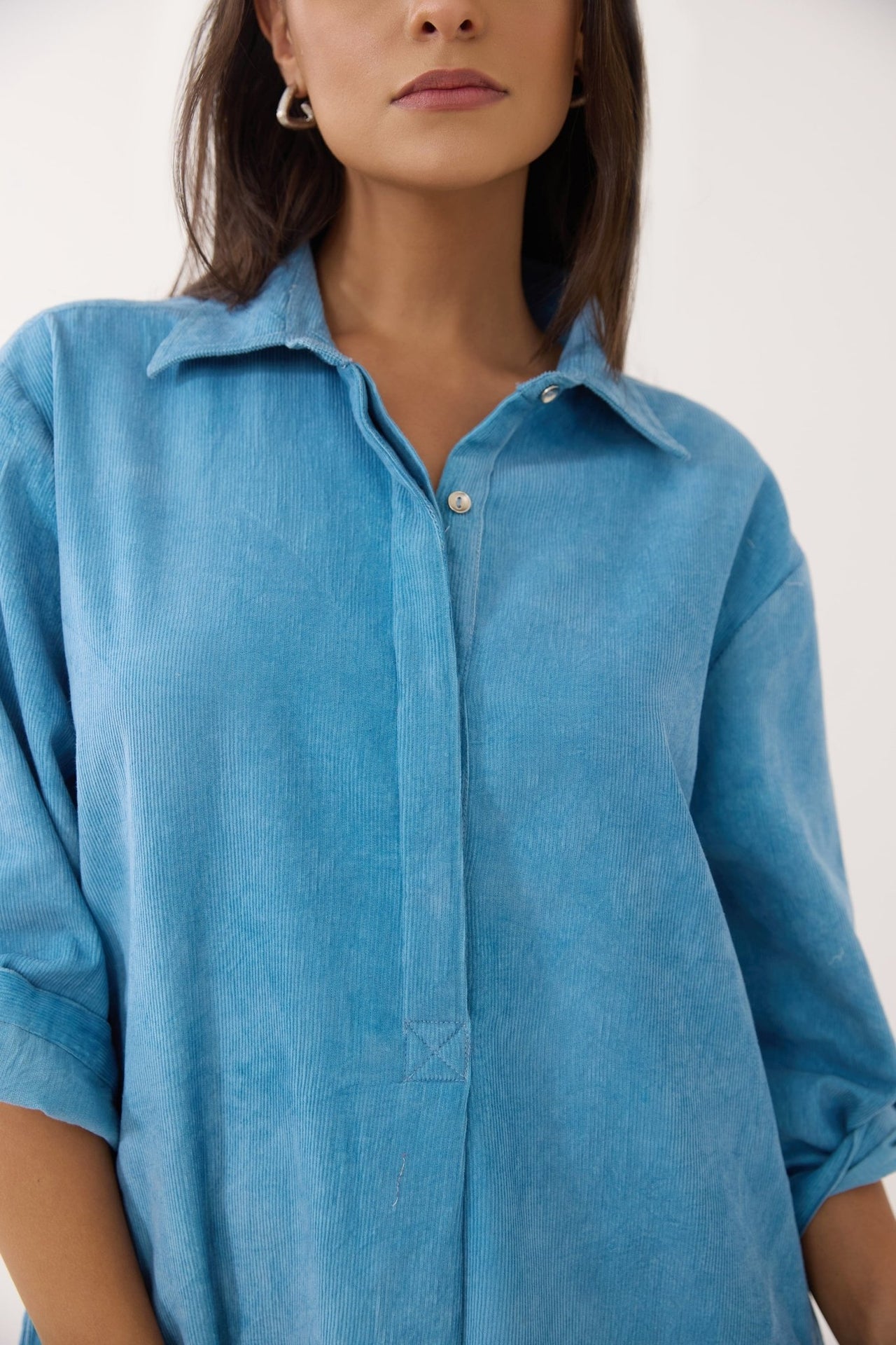 Sky Blue Corduroy Shirt Dress - Tara - C - Tara