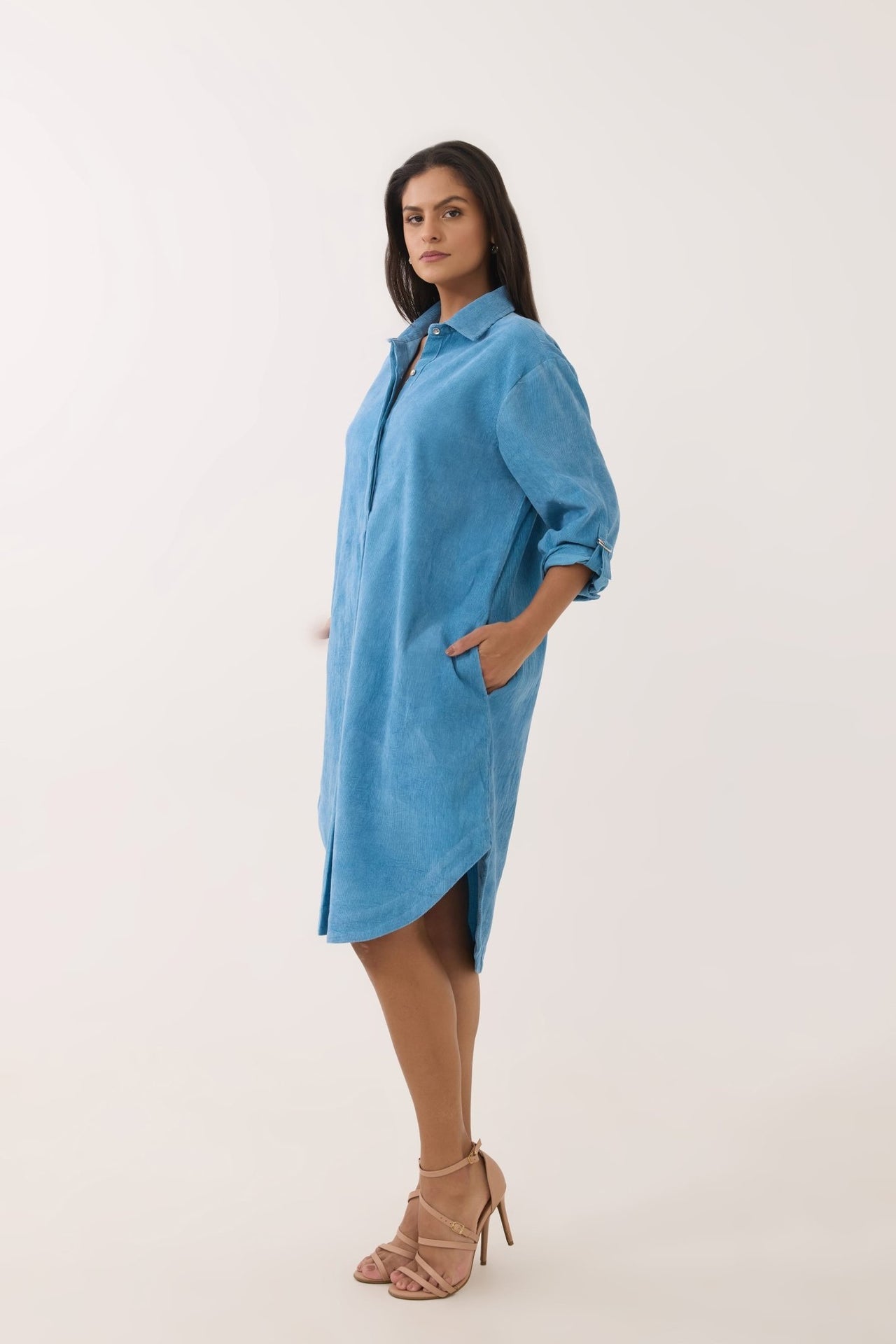 Sky Blue Corduroy Shirt Dress - Tara - C - Tara