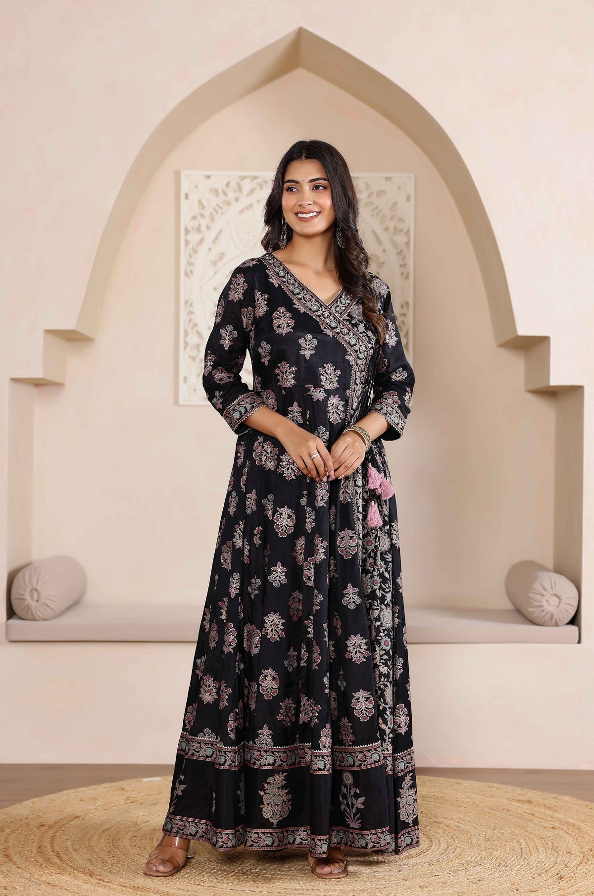Radiant Elegance: Black Angrakha Dress with Floral Dupatta and Shimmering Accents