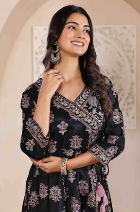 Radiant Elegance: Black Angrakha Dress with Floral Dupatta and Shimmering Accents
